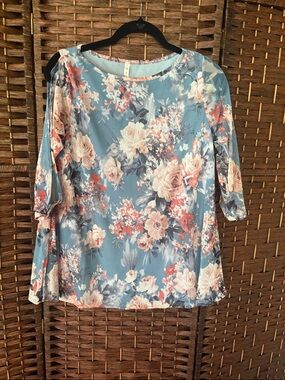 MTS Blue Floral Round-Neck Cold Shoulder Blouse with Three-Quarter Sleeves